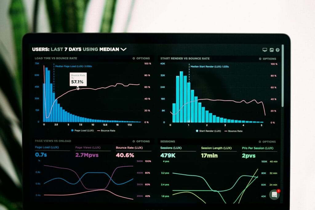 Dashboard analytics SEO menampilkan grafik performa organic traffic dan ranking di laptop
